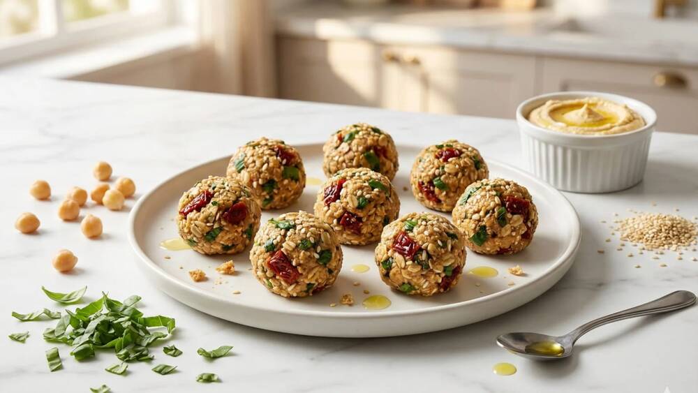 mediterranean hummus energy bites with sesame seeds healthy high protein snack