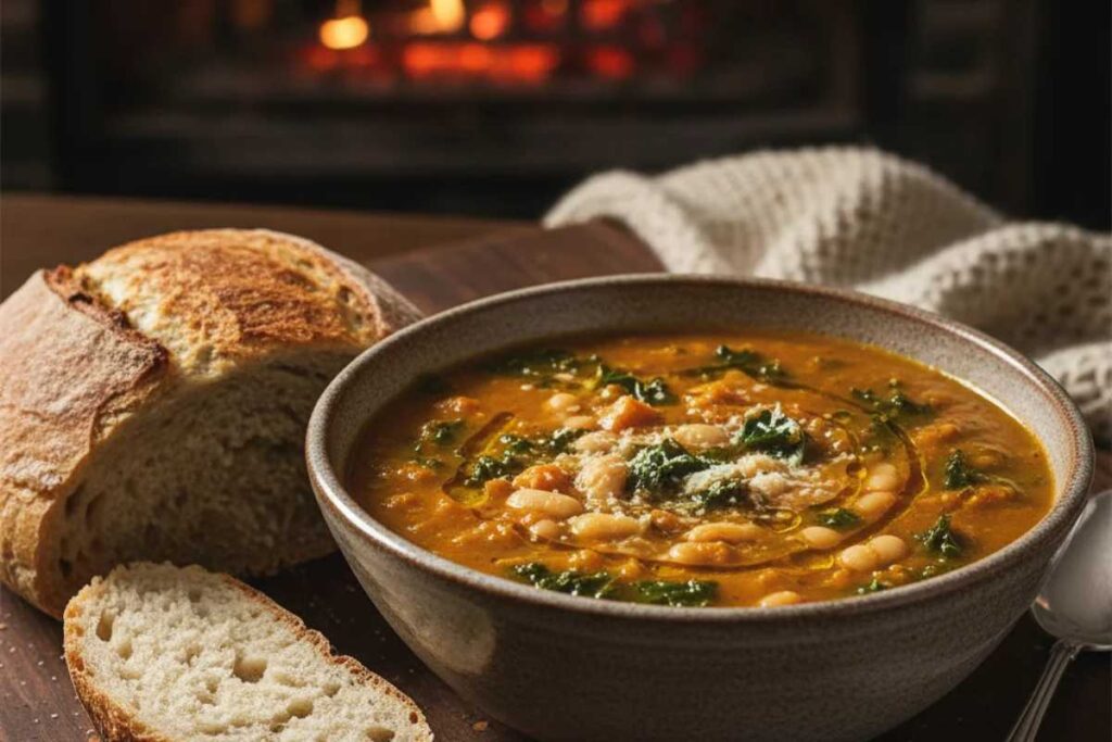 vegan sweet potato soup with kale and white beans