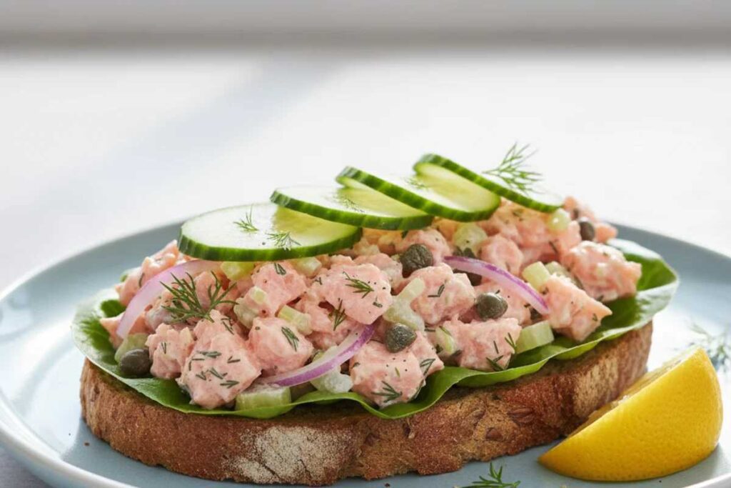 healthy sandwich recipe salmon salad with dill on whole grain