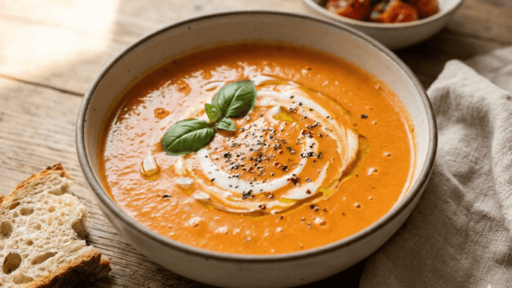 Creamy coconut vegan tomato soup in ceramic bowl with coconut cream drizzle, fresh basil and artisan bread