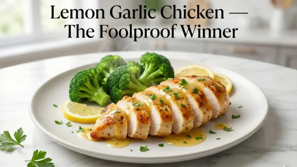 Alt Text:
lemon garlic chicken skillet with golden seared chicken breast steamed broccoli lemon slices fresh parsley on white plate easy chicken meal 30 minutes