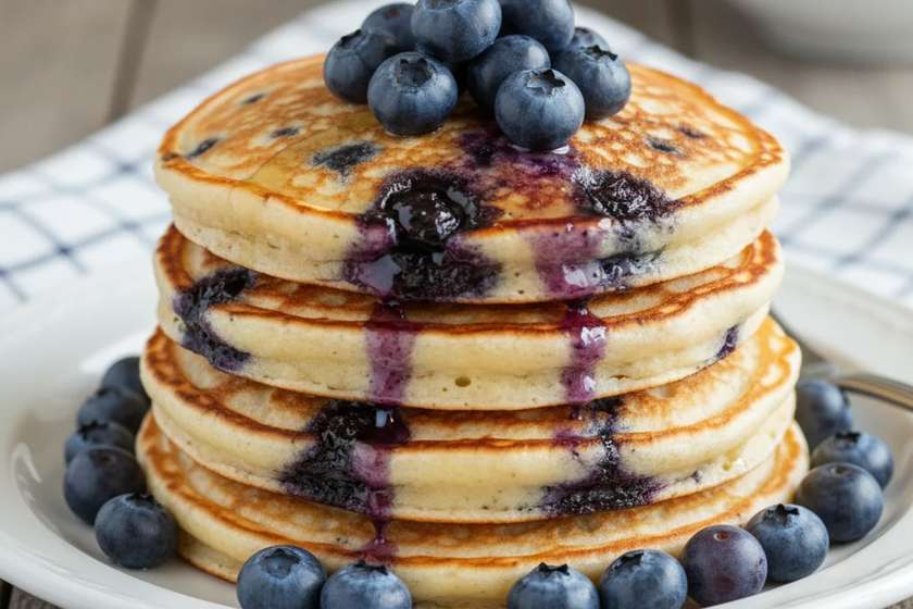  Blueberry banana pancakes bursting with fresh berries on white plate