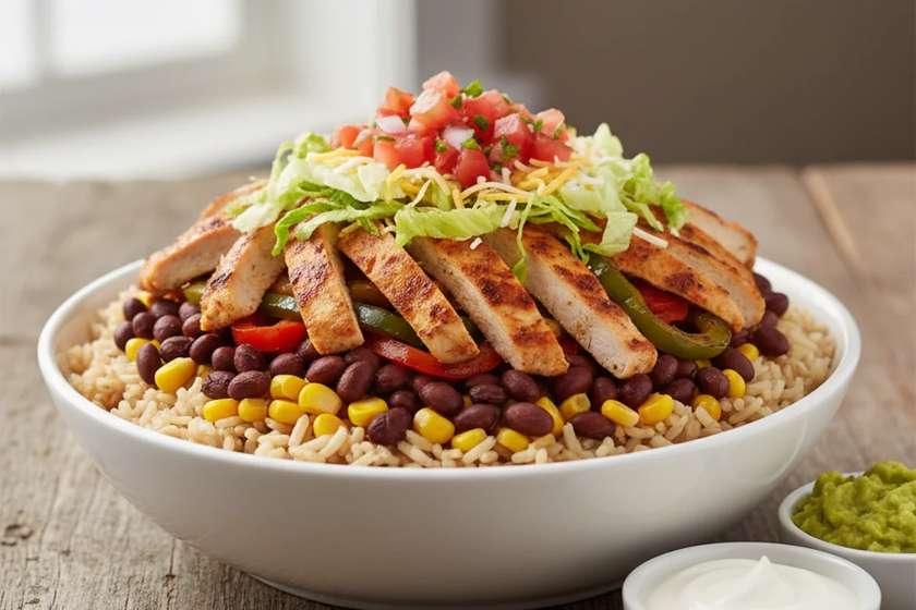 Loaded chicken fajita burrito bowl with rice, beans, corn, cheese and all toppings