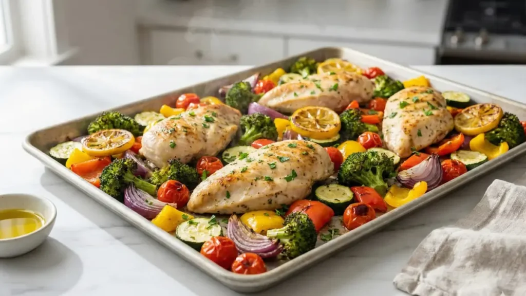 Alt Text:
sheet pan lemon herb chicken cooking steps arranging raw chicken and vegetables on baking sheet before oven after roasting meal prep dinner