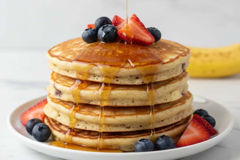 Fluffy healthy banana pancakes stacked on white plate with fresh berries and maple syrup
