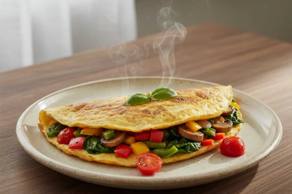 Healthy veggie omelette loaded with bell peppers, mushrooms, spinach and tomatoes on rustic plate