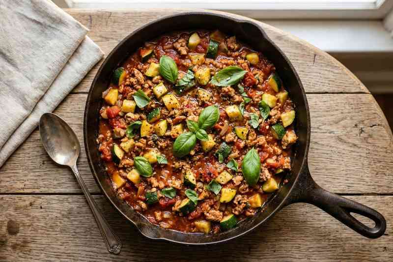 High protein low calorie meal turkey and zucchini skillet with tomato sauce