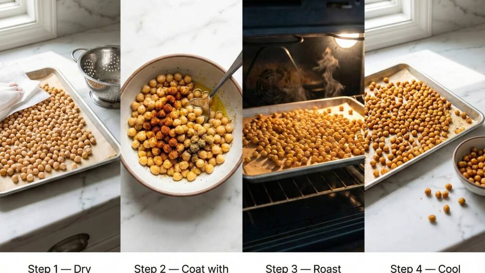 roasted chickpeas preparation steps draining coating baking cooling process