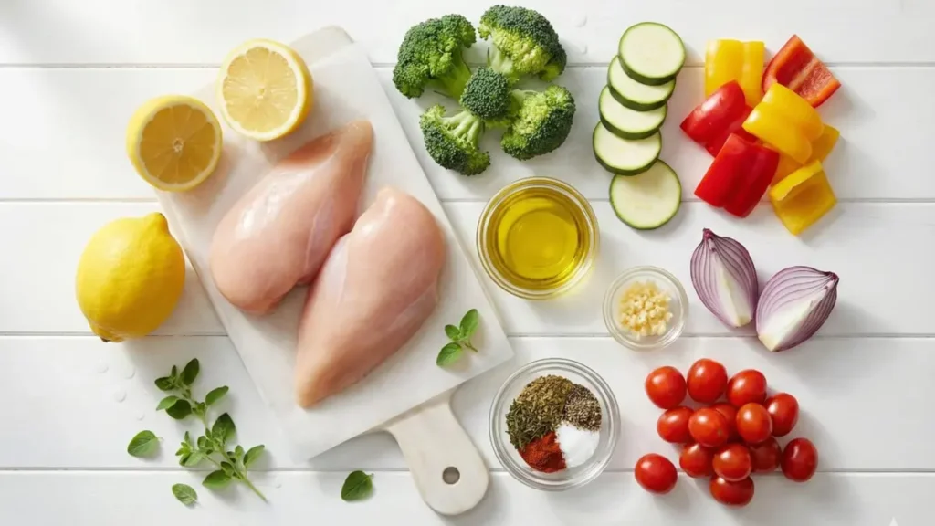 Alt Text:
chicken stir fry with ginger colorful vegetables broccoli snap peas bell peppers carrots sesame seeds in black serving bowl healthy asian dinner