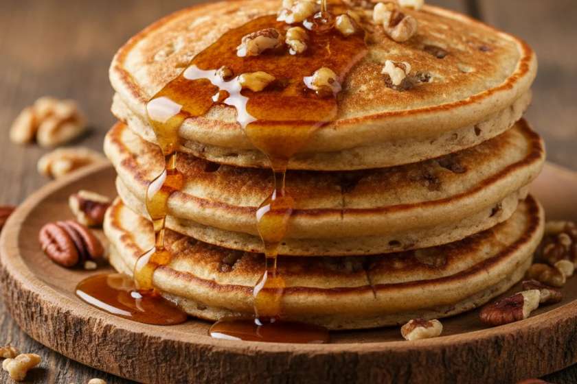Banana nut pancakes with walnuts and pecans topped with maple syrup