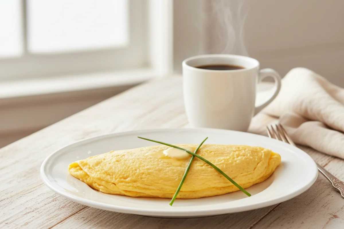 Perfect French omelette on white plate with golden surface and fresh chives on rustic wooden table