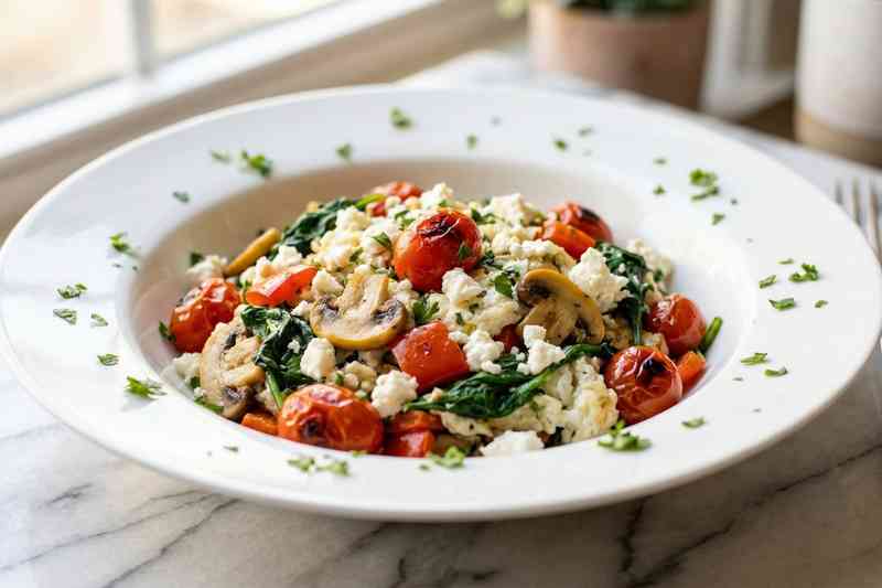 High protein low calorie meal egg white scramble with spinach and feta