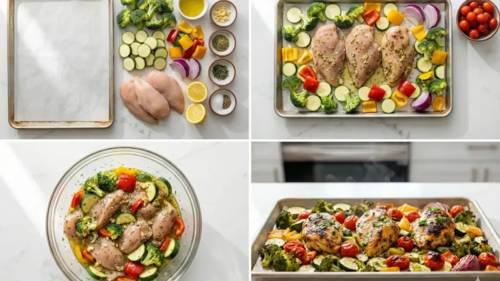 Alt Text:
chicken stir fry ingredients sliced chicken breast broccoli florets bell pepper strips snap peas shredded carrots soy sauce ginger garlic sesame oil