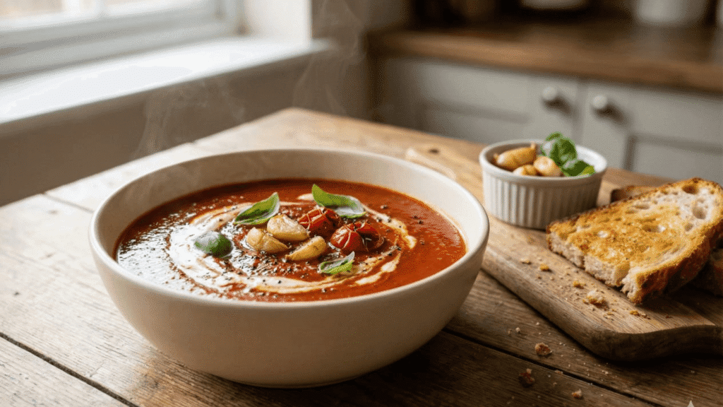 Roasted garlic and tomato vegan soup in ceramic bowl with coconut cream swirl, fresh basil and artisan bread