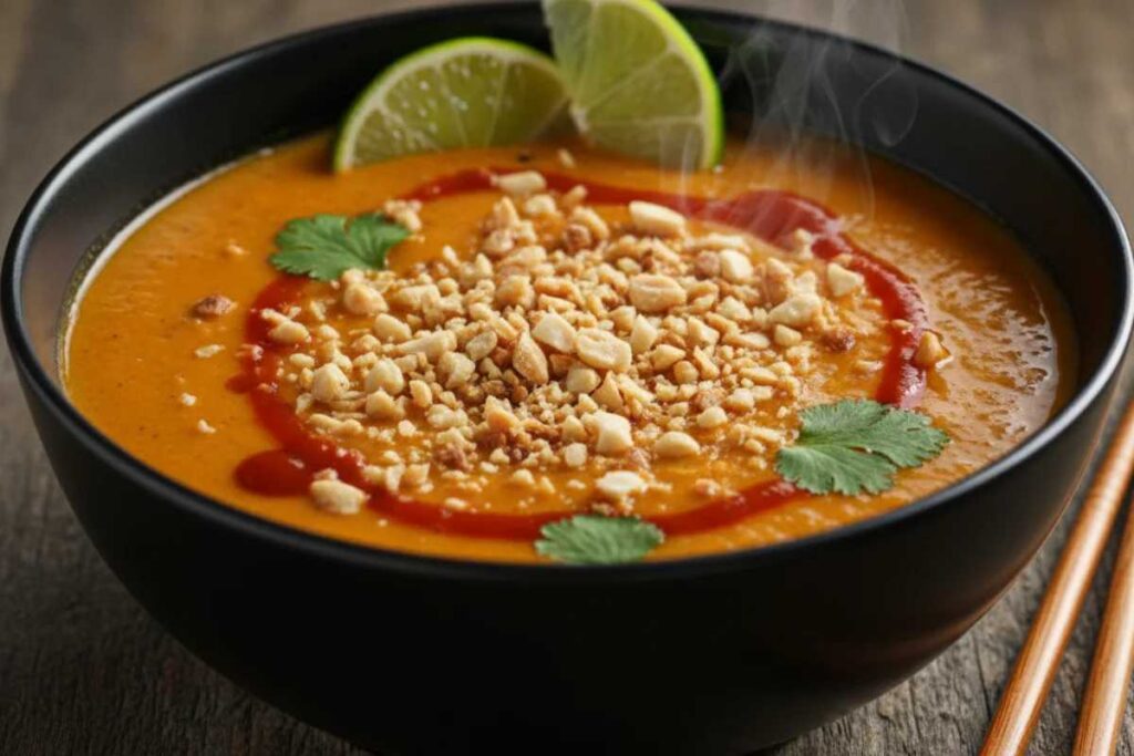 vegan sweet potato soup thai peanut with crushed peanuts
