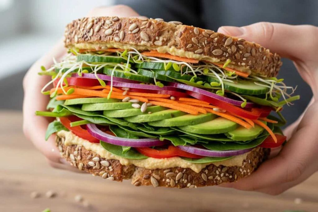healthy sandwich recipe loaded veggie hummus with sprouts