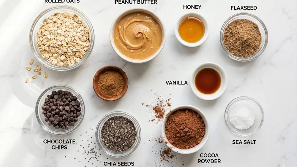 energy balls ingredients oats peanut butter chocolate chips chia seeds