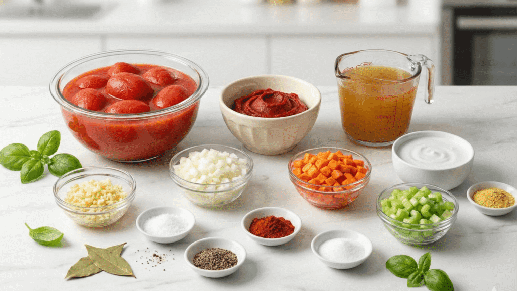 Vegan tomato soup ingredients - canned tomatoes, coconut milk, fresh herbs, garlic and olive oil on white background
