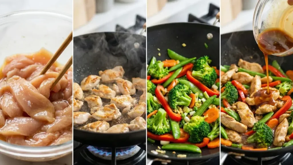 Alt Text:
chicken quinoa bowl preparation steps cooking quinoa in pot blending avocado dressing grilling chicken assembling colorful healthy bowl ingredients