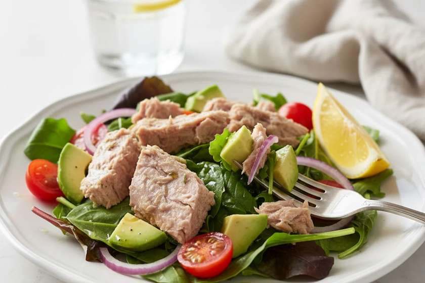 15-minute healthy dinners tuna avocado salad with mixed greens and tomatoes