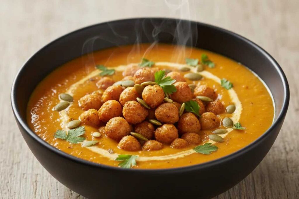 vegan sweet potato soup curry with chickpeas and herbs