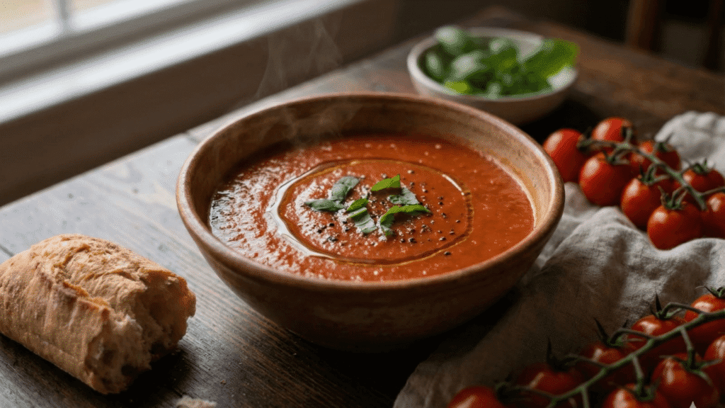 Creamy vegan tomato soup in white bowl garnished with fresh basil and herbs served with crusty bread