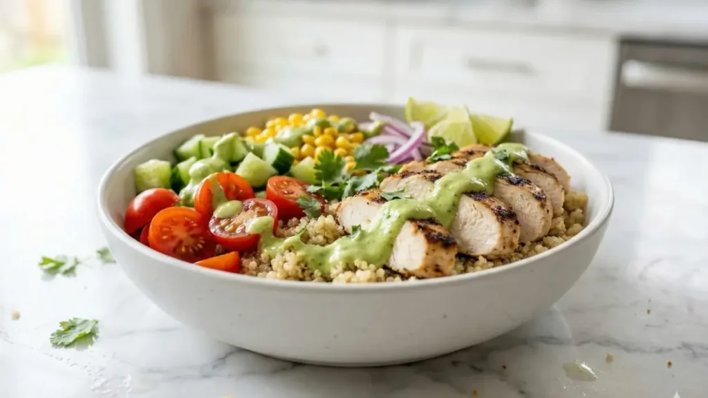 Alt Text:
spicy grilled chicken veggie bowl with char marks brown rice grilled broccoli bell peppers zucchini lime crema cilantro healthy bbq dinner