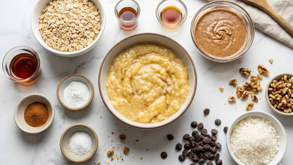 banana oat cookies ingredients mashed banana rolled oats almond butter