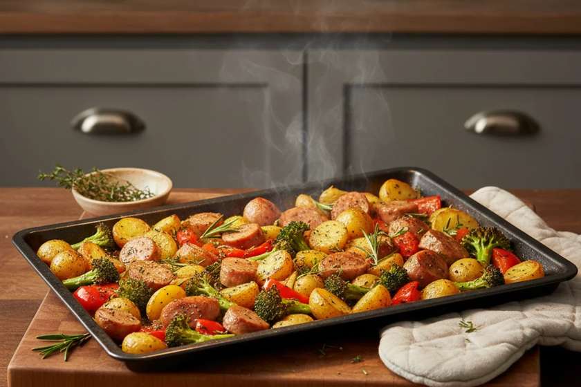 15-minute healthy dinners sheet pan sausage and vegetables roasted meal