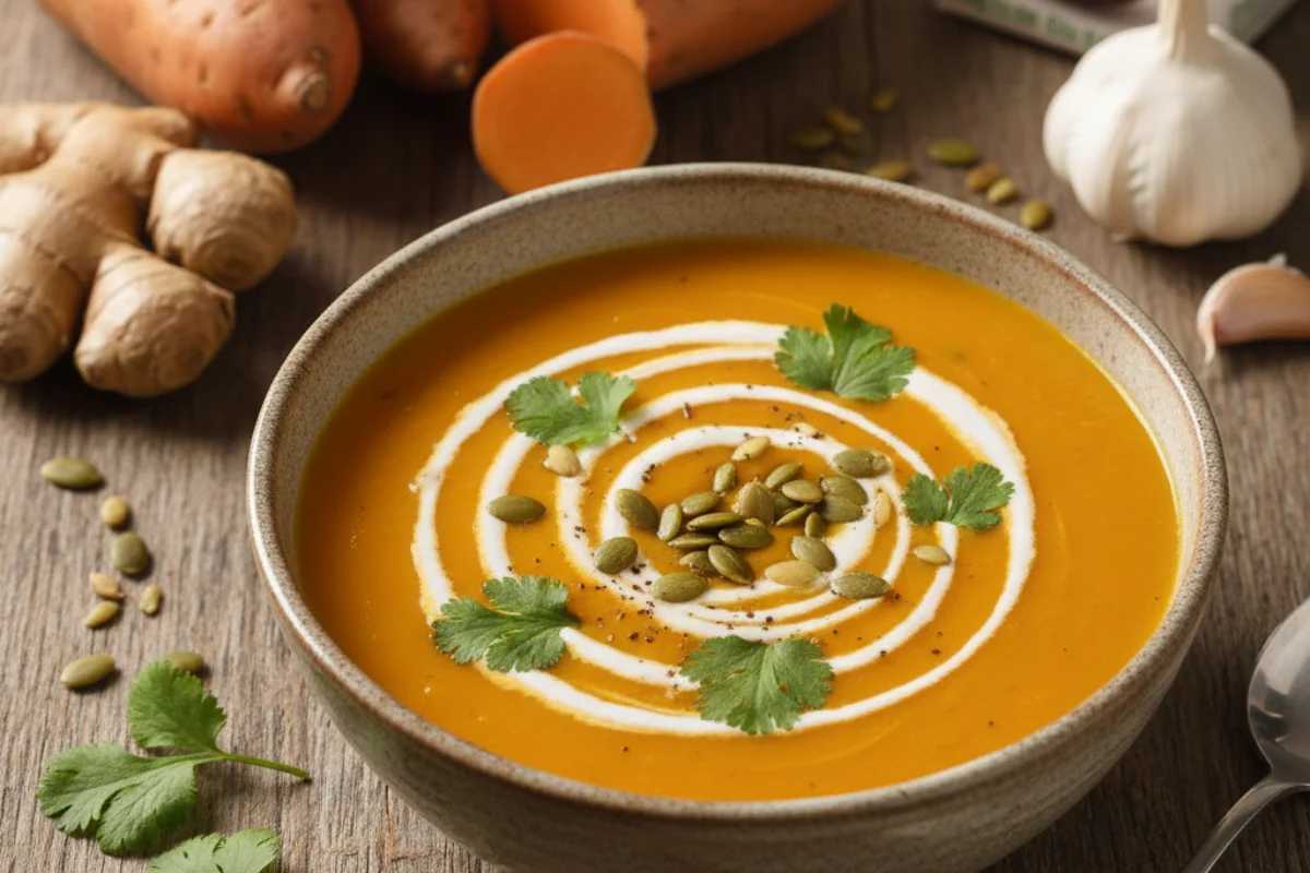 vegan sweet potato soup recipe creamy coconut with fresh herbs