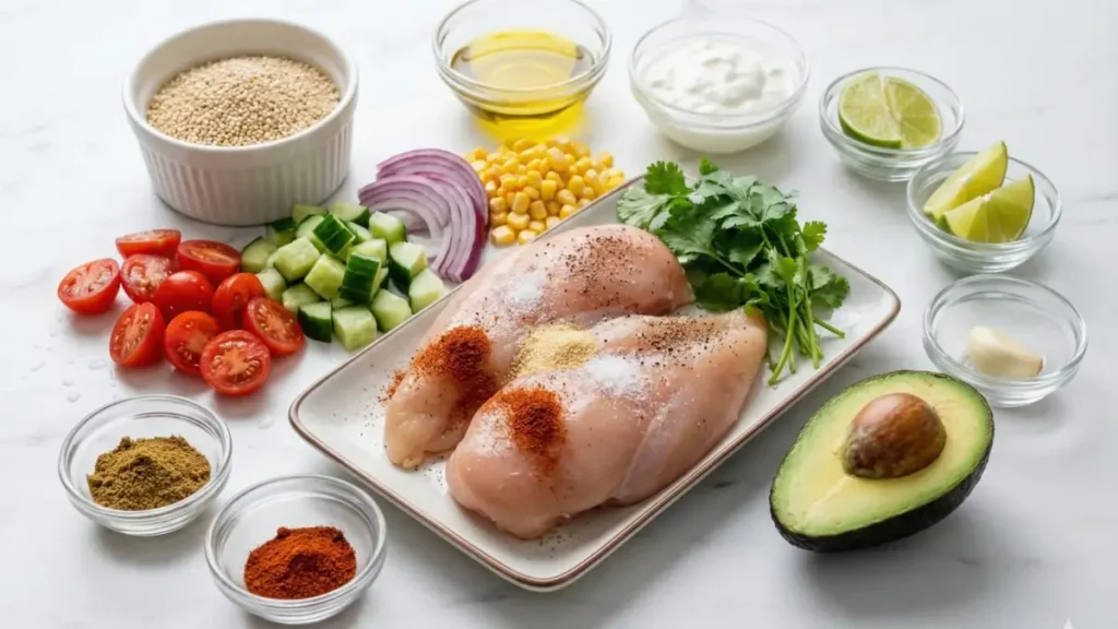 Alt Text:
creamy mushroom chicken ingredients sliced mushrooms diced onion raw chicken breast chicken broth almond milk whole wheat flour minced garlic thyme