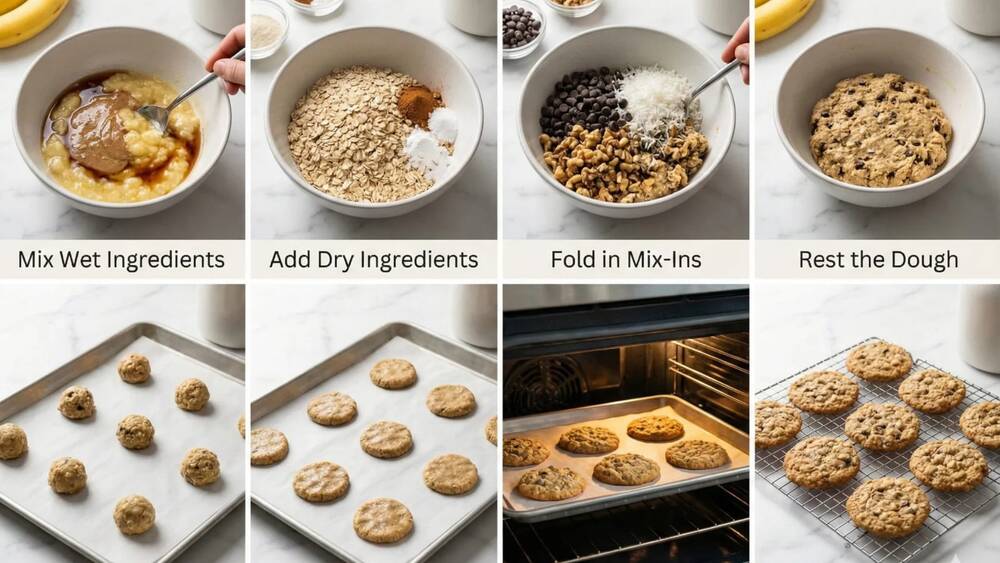 banana oat cookies baking process mixing dough baking cooling steps