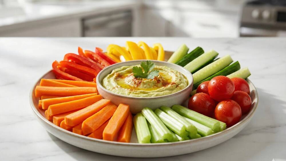 colorful veggie sticks with creamy avocado hummus healthy crudite platter