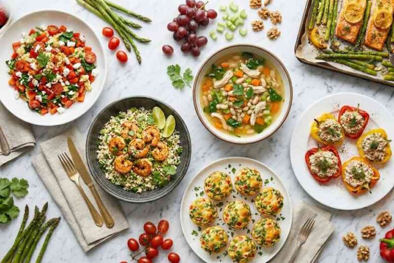 High protein low calorie meals flat lay with 6 different recipes on marble surface