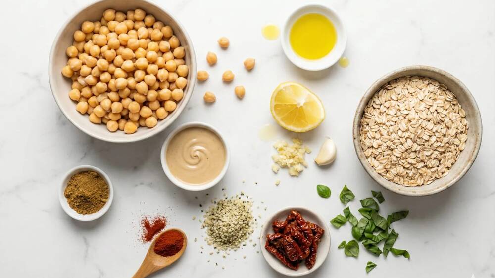 hummus energy bites ingredients chickpeas tahini oats sun dried tomatoes spices