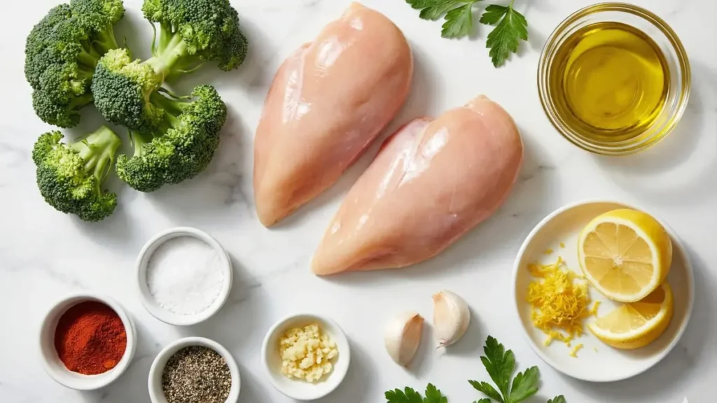Alt Text:
lemon garlic chicken ingredients raw chicken breasts fresh broccoli olive oil whole lemons minced garlic paprika salt pepper on marble countertop