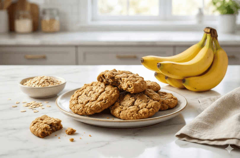 Gluten-free banana oat cookies on a plate with ripe bananas and oats in the background