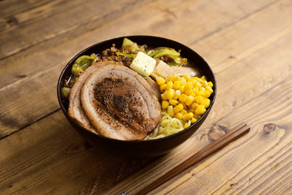 Japanese ramen bowl with pork belly slices, corn, tofu cubes, noodles, and vegetables on a wooden table