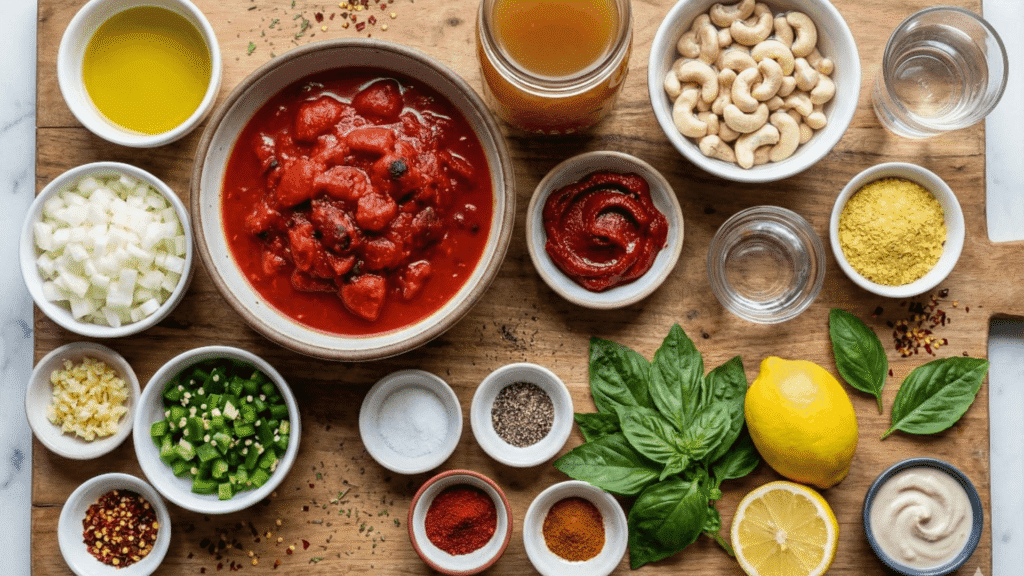 Ingredients for spicy vegan tomato soup - roasted tomatoes, cashews, jalapeños, herbs and aromatic spices
