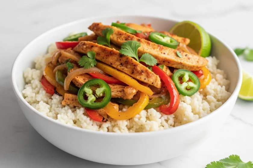 Spicy chicken fajitas over cauliflower rice with jalapeños and cilantro in white bowl