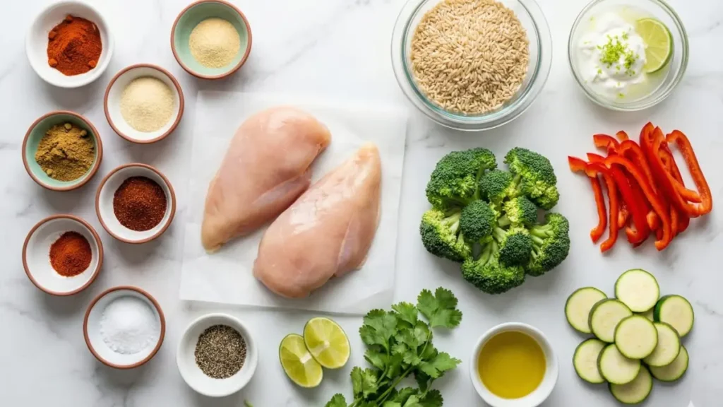 Alt Text:
spicy grilled chicken ingredients raw chicken breast spice rub paprika cumin chili powder garlic onion powder broccoli bell peppers zucchini brown rice