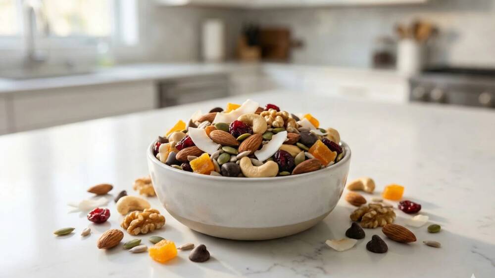 homemade trail mix recipe with mixed nuts seeds dried fruits