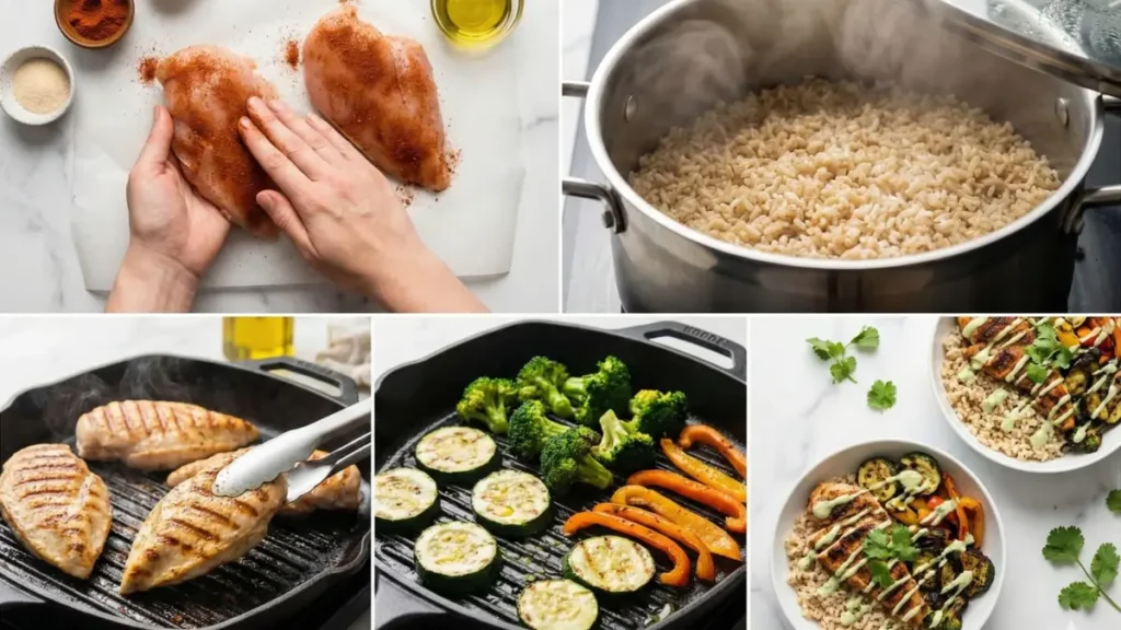 Alt Text:
spicy grilled chicken veggie bowl complete cooking process rubbing spices on chicken cooking brown rice grilling chicken grilling vegetables plating final bowls