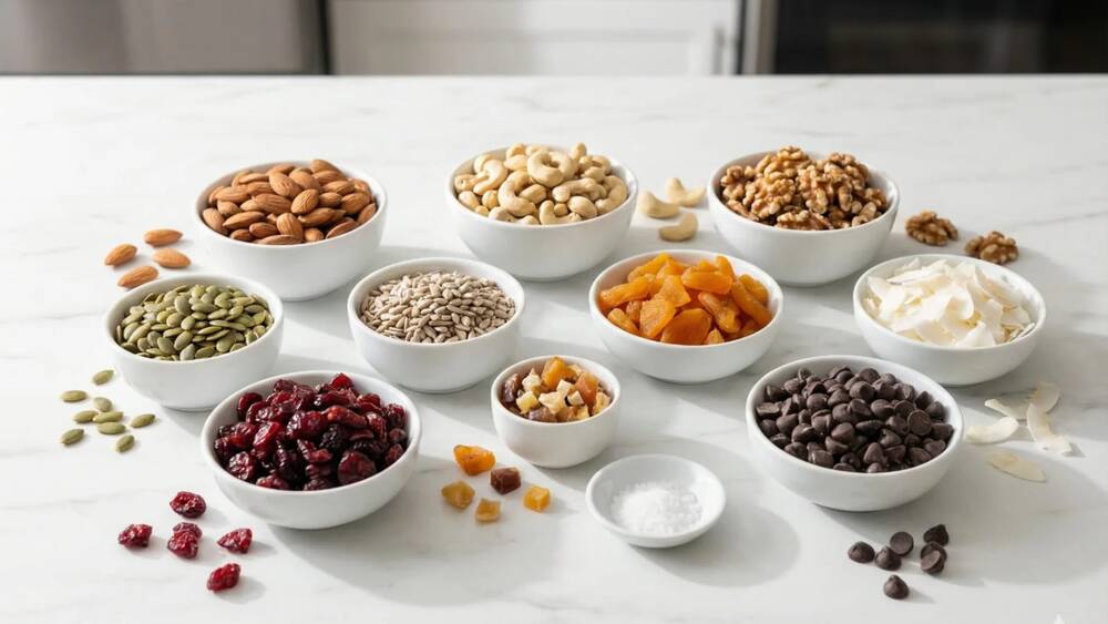 trail mix ingredients variety nuts almonds cashews pumpkin seeds cranberries