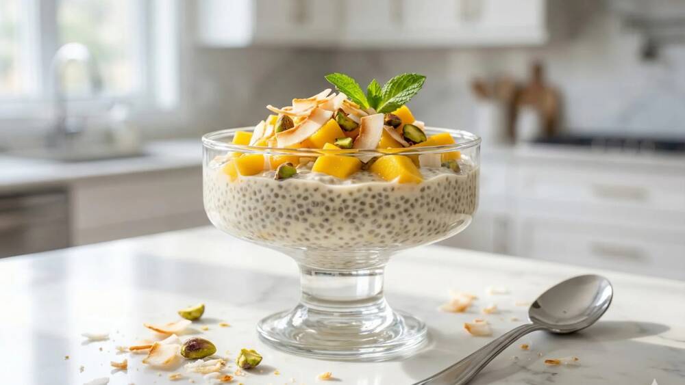 chia seed pudding with fresh mango coconut flakes pistachios healthy snack