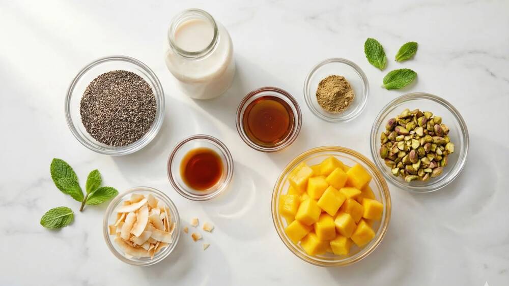 chia pudding ingredients chia seeds almond milk honey vanilla mango