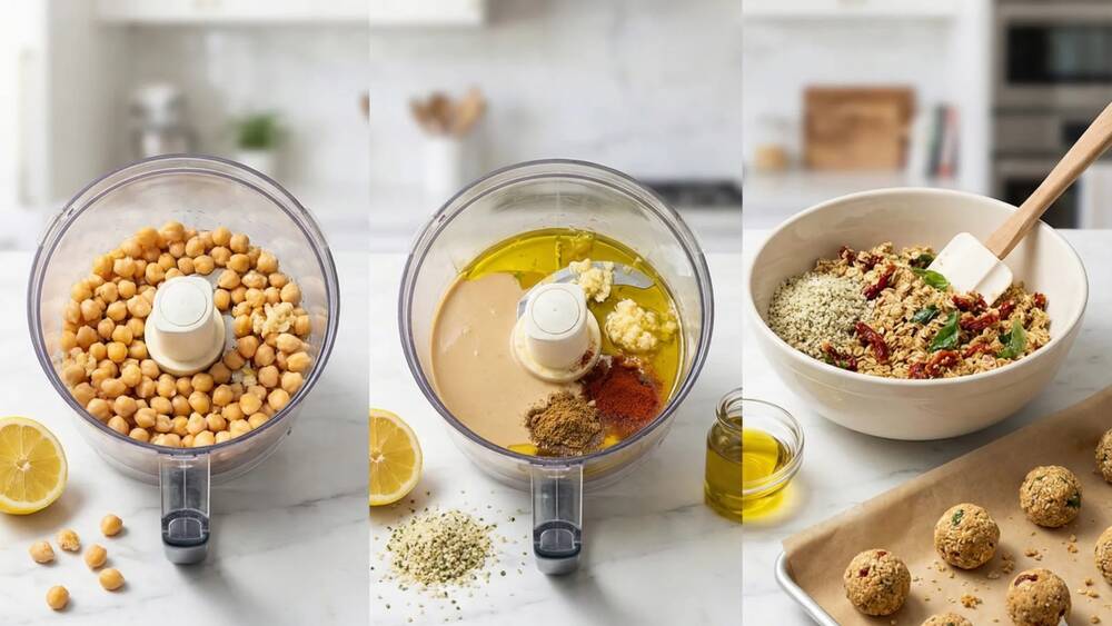 step by step hummus energy bites preparation mixing rolling refrigerating