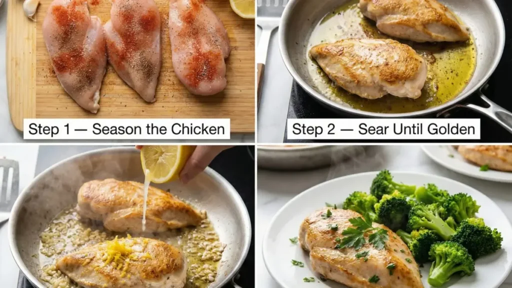 Alt Text:
lemon garlic chicken cooking steps seasoning raw chicken searing in skillet adding garlic and lemon plating with steamed broccoli easy dinner recipe