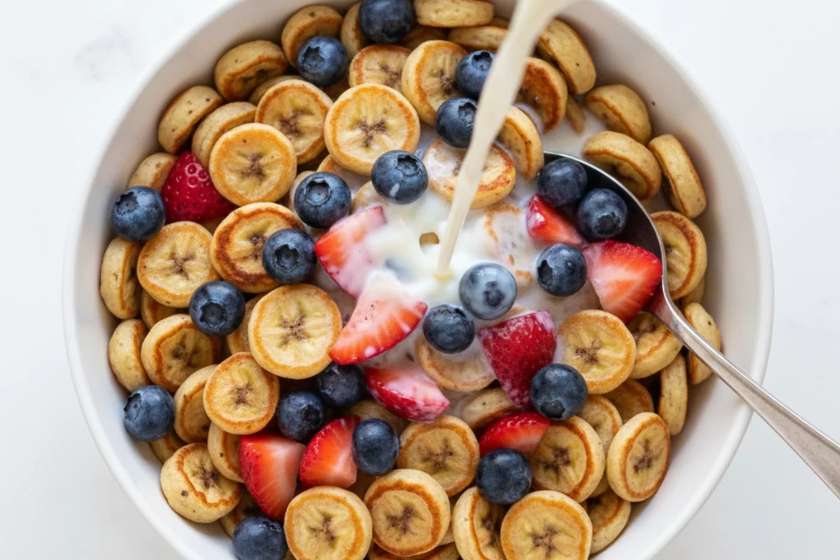 Banana pancake cereal with tiny mini pancakes in bowl served with milk