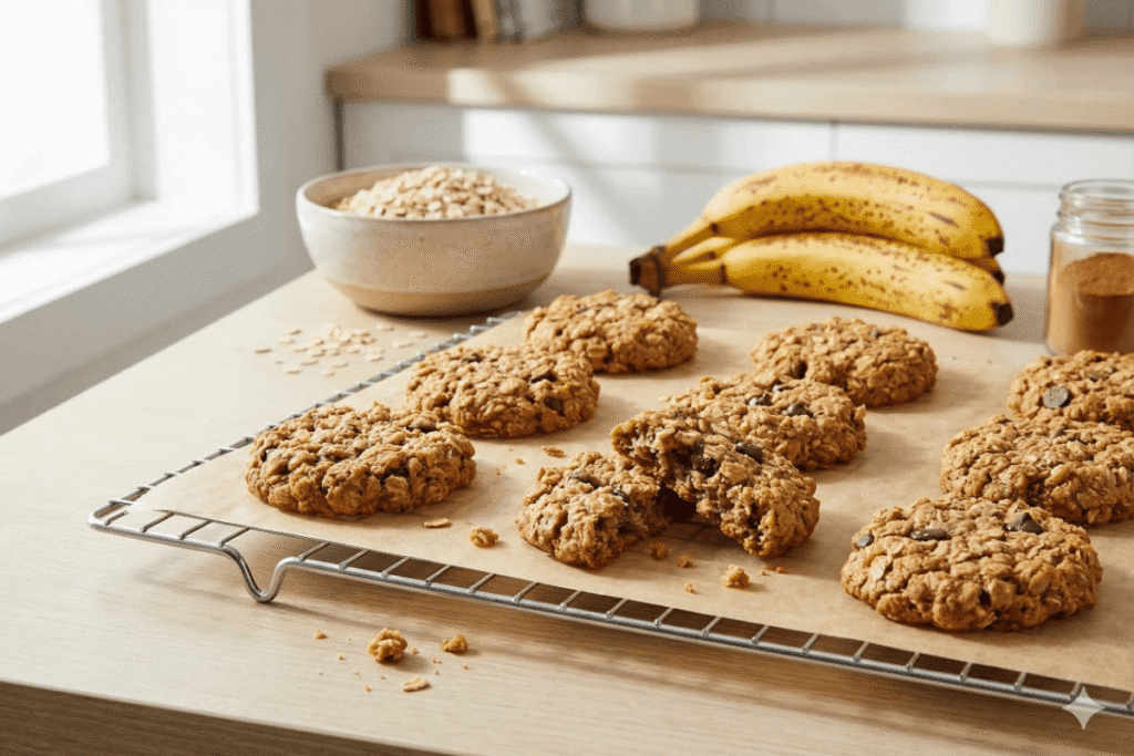 Fresh gluten-free banana oat cookies cooling on a rack with ripe bananas and oats in the background
